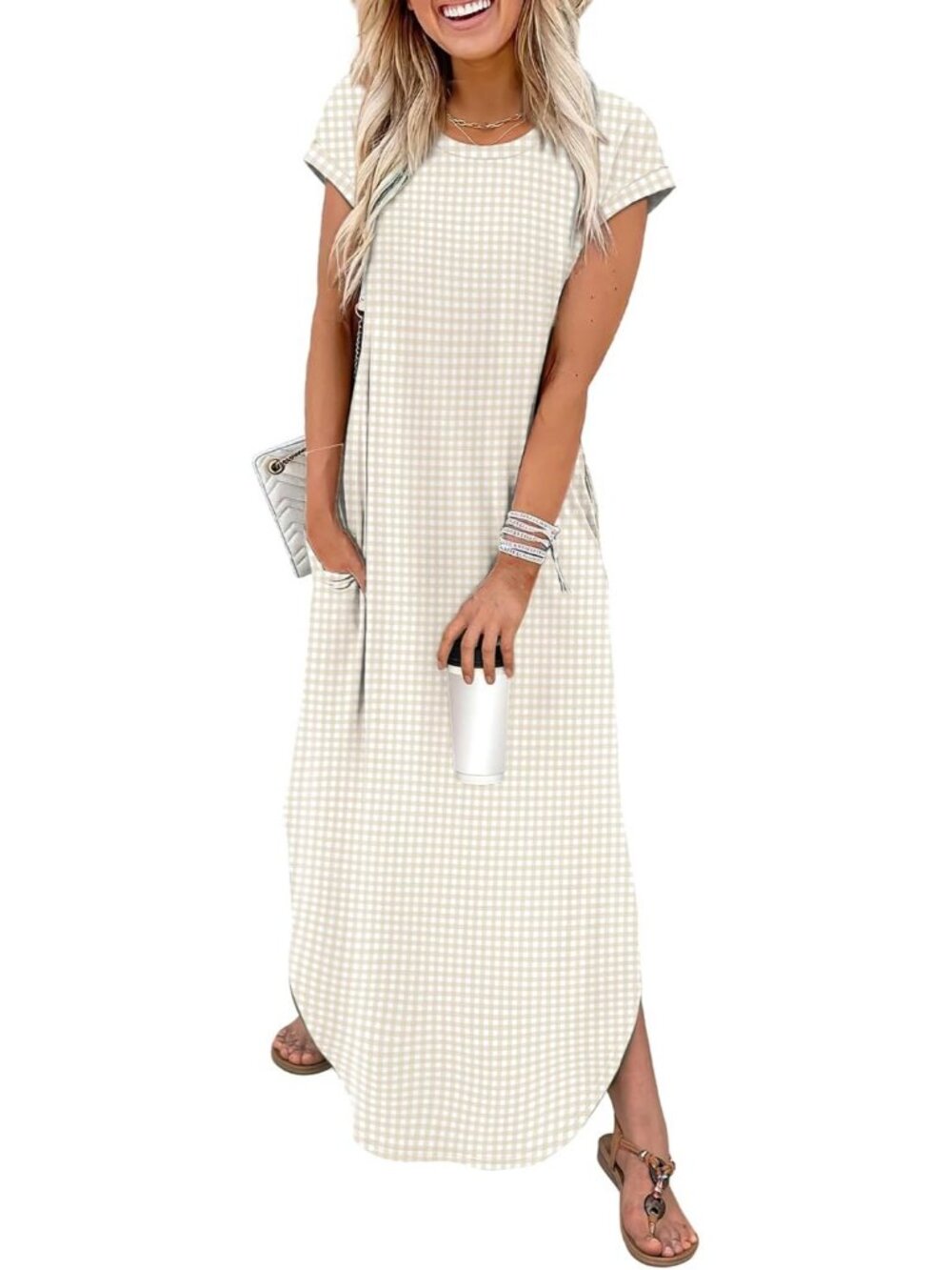 Women's Plaid Pattern Cap Sleeve Crewneck Pockets Beach Casual Long Maxi Dress